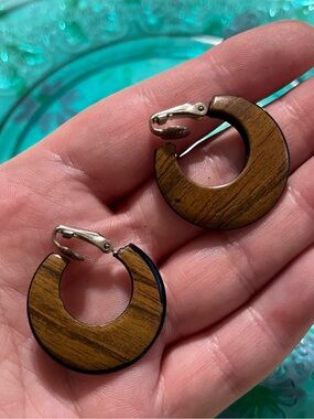 Vintage Wooden Hoop Clip-on Costume Jewelry Earrings